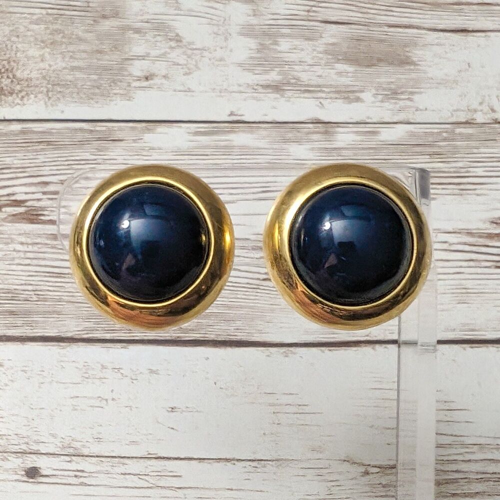 Vintage Clip On Earrings - 1" Domed Blue Center with Gold Tone Halo